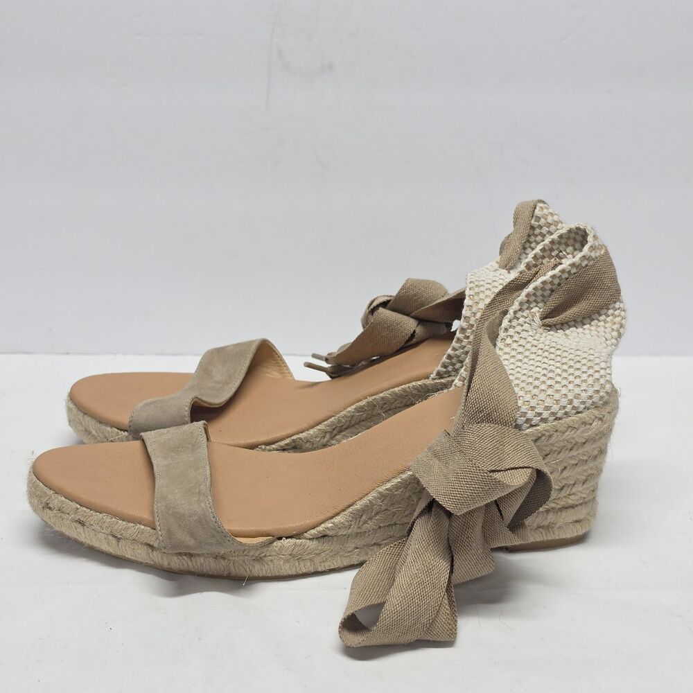 Maypol Spain Women LaceUp Beige Suede OpenToe Wedge Espadrilles Sandals Sz 9 NEW